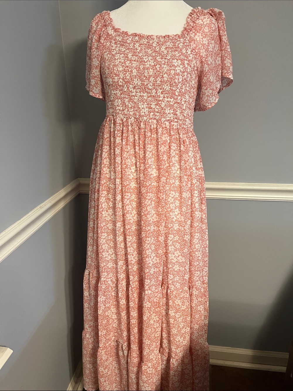 Smocked Square-Neck Maxi Dress in Blush Floral